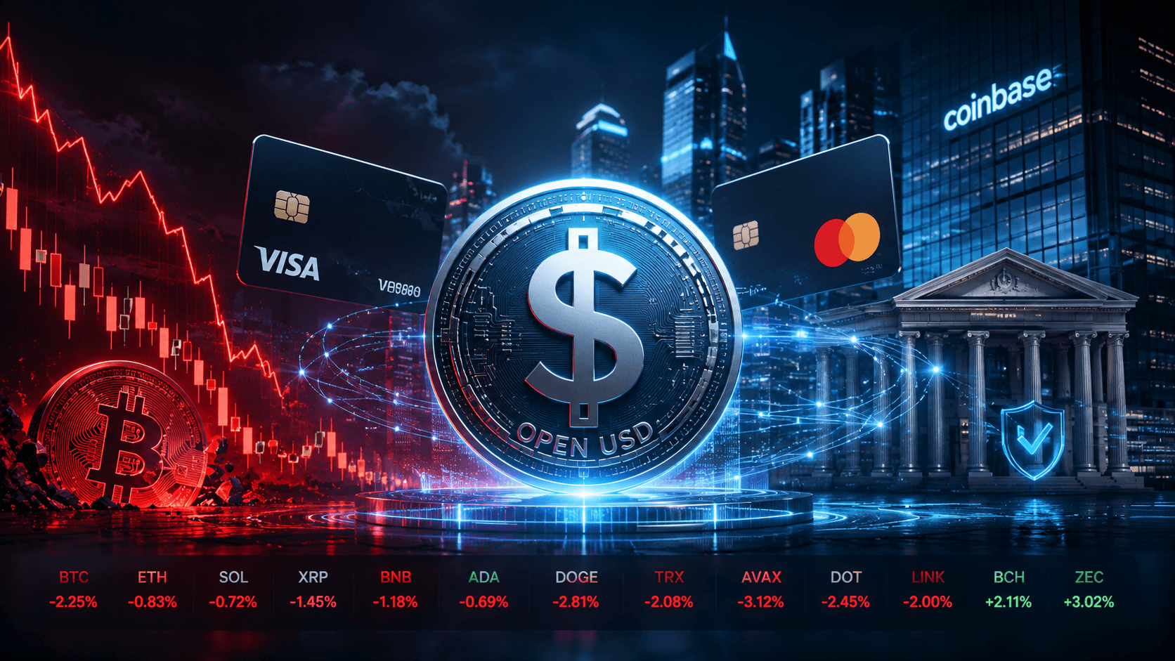 Stablecoin War Begins: Visa, Mastercard and Coinbase Launch Open USD as Bitcoin Crashes
